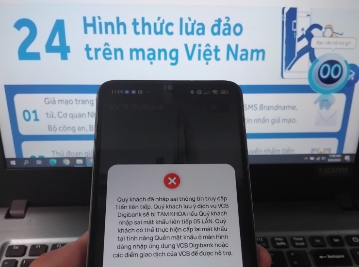 Hãy chủ động nhập sai mật khẩu 5 lần để khoá quyền đăng nhập khi nghi có dấu hiệu hoặc nghi ngờ bị lừa đảo/lộ lọt thông tin bảo mật. Ảnh: NT.