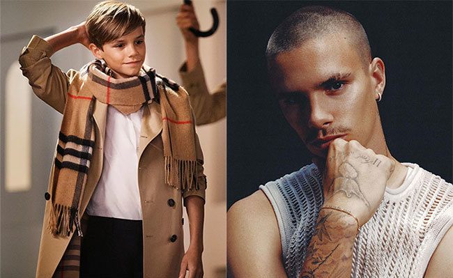 Romeo làm mẫu cho Burberry năm 10 tuổi (trái), giờ đã là người mẫu dày dặn kinh nghiệm trước ống kính. Ảnh: Instagram Romeo Beckham