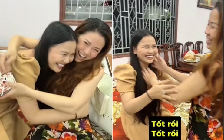  Mẹ chồng Mai (váy hoa) hò reo sung sướng khi biết con dâu mang thai. Ảnh cắt từ clip