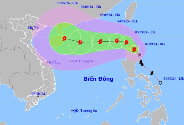 Dự báo vị trí và hướng di chuyển của bão Yagi. Ảnh: Trung tâm Dự báo khí tượng thủy văn quốc gia