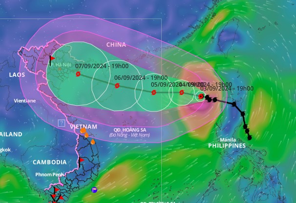 Dự báo hướng đi và vùng ảnh hưởng của bão Yagi, 19h ngày 3/9. Ảnh: VNDMS