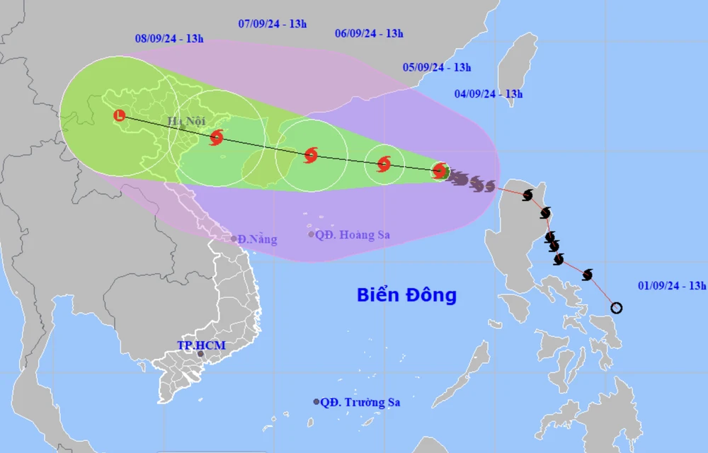 Dự báo vị trí và đường đi của bão số 3. Ảnh: KTTVQG