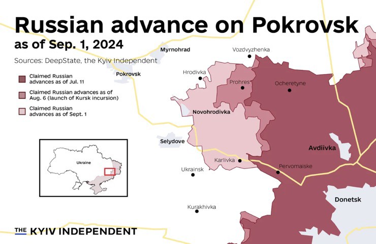 Đà tiến công của Nga ở mặt trận Pokrovsk đã tăng nhanh đáng kể từ khi Ukraine phát động tấn công vùng Kursk vào ngày 6/8. Ảnh: Kyiv Independent.