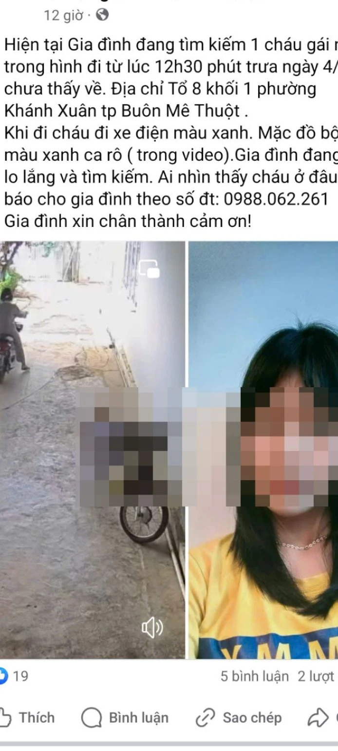 Người nhà đăng thông tin tìm kiếm tung tích bé gái 14 tuổi. Ảnh chụp từ màn hình