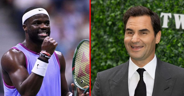 Federer (phải) lịch lãm xuất hiện khiến tay vợt Mỹ, Tiafoe tỏ ra phấn khích