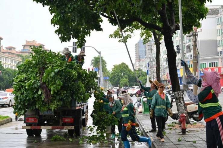 Nhân viên quản lý đô thị ở thành phố Hải Khẩu, Trung Quốc cắt tỉa cây xanh trước khi bão đổ bộ. Ảnh: THX