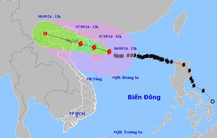 Dự báo đường đi và khu vực ảnh hưởng của bão Yagi. Ảnh: Trung tâm Dự báo Khí tượng Thủy văn quốc gia