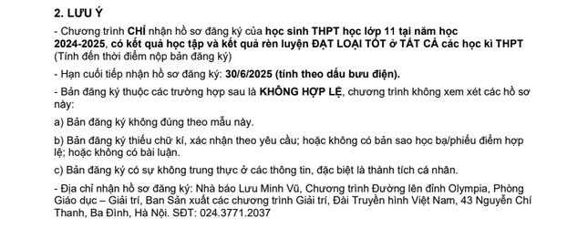 Ảnh chụp bản hướng dẫn và lưu ý đăng ký tham gia Olympia năm thứ 25.