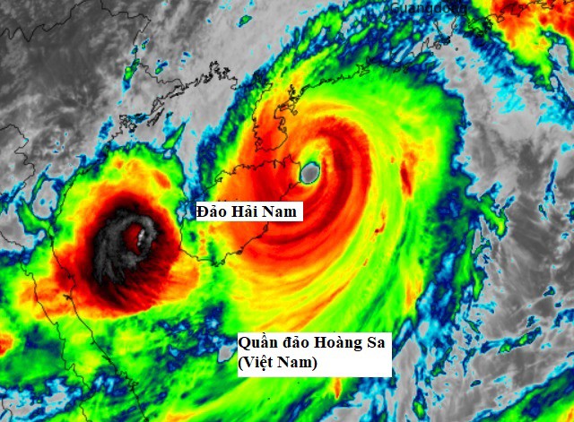 Bão số 3 Yagi bắt đầu đổ bộ vào đảo Hải Nam, Trung Quốc, chiều 6/9/2024. Ảnh: MET Office Storms (đã Việt hóa)