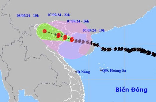 Dự báo lúc 11 giờ ngày 7-9 của Trung tâm Dự báo khí tượng thủy văn quốc gia cho thấy bão số 3 vẫn giữ hướng di chuyển Tây Tây Bắc. Nguồn: Trung tâm Dự báo khí tượng thủy văn quốc gia