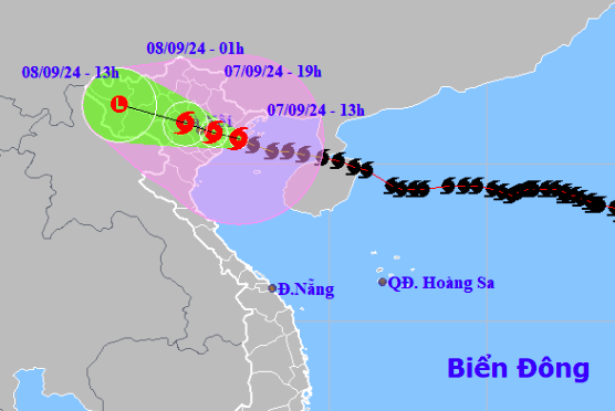 Dự báo hướng đi và vùng ảnh hưởng bão Yagi lúc 13h ngày 7/9. Ảnh: NCHMF