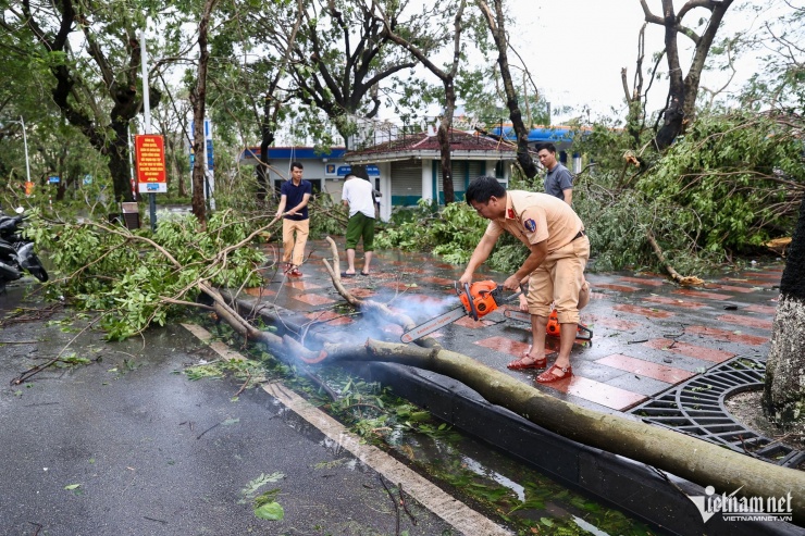 Trung tá Trần Minh Ngọc - Đội phó CSGT - TT, Công an quận Hồng Bàng cùng cán bộ chiến sĩ cắt cành, dọn dẹp cây đổ ngang đường.