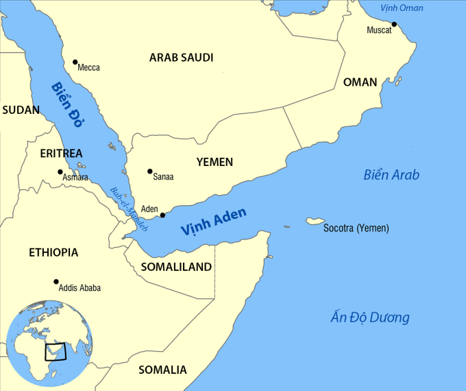 Vị trí Yemen và Biển Đỏ, Vịnh Aden. Đồ họa: Wikimedia