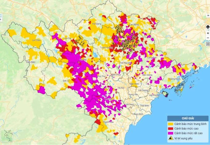 Bản đồ nguy cơ sạt lở đất, lũ quét ở miền Bắc. Ảnh: NCHMF