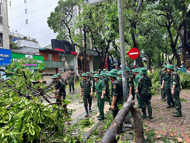 Lực lượng quân đội xử lý cây xanh trên phố Phan Đình Phùng