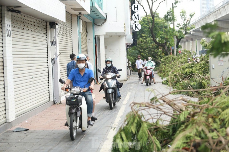 Đường tắc, nhiều chủ xe bất chấp leo lên vỉa hè dù nơi đây phủ kín là cây xanh bị đổ chưa dọn.