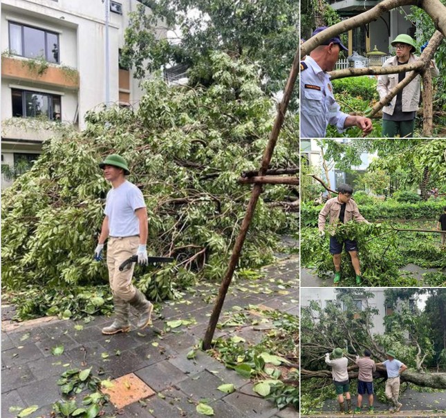  Sáng 8/9, NSND Xuân Bắc cùng các con tham gia dọn dẹp cây cối đổ nát sau trận bão. 