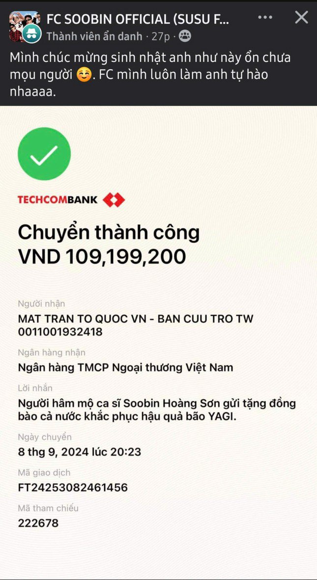 Người hâm mộ ca sĩ SOOBIN góp sức cùng đồng bào cả nước khắc phục hậu quả sau bão.