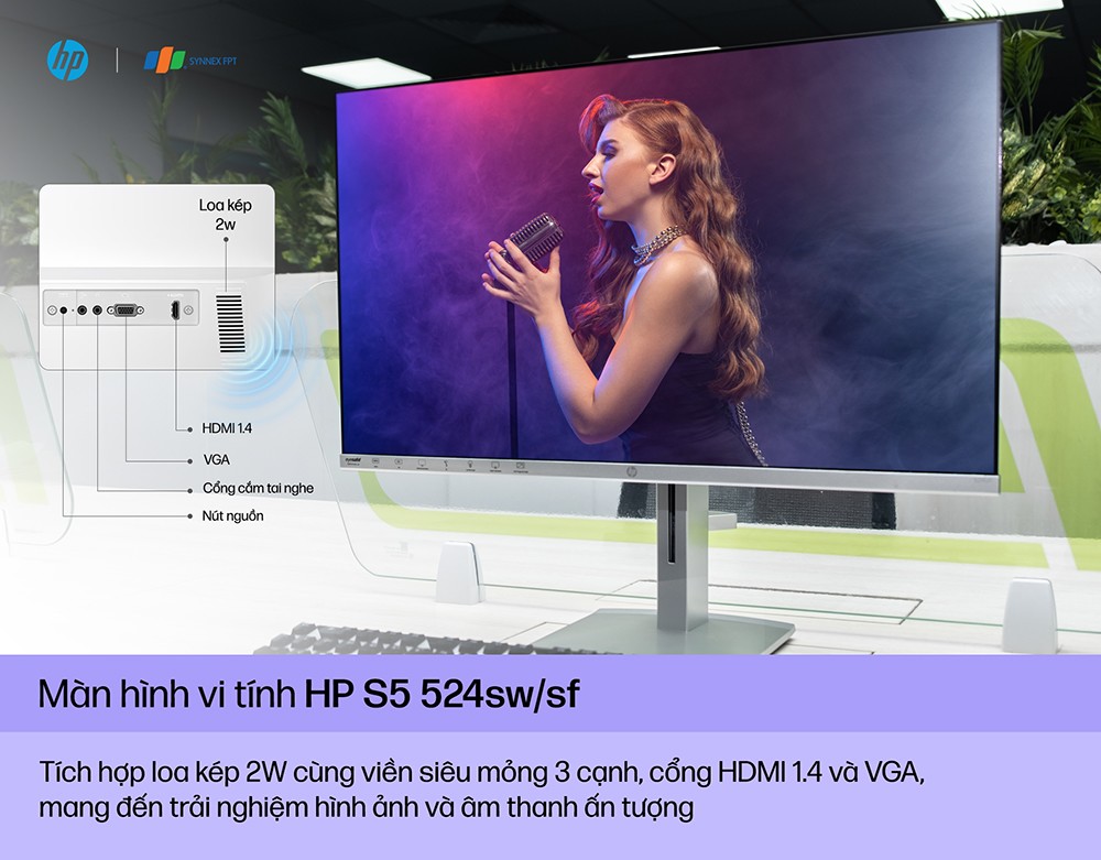 HP S5 524sa FHD Monitor tích hợp loa kép 2w cho âm thanh sắc nét