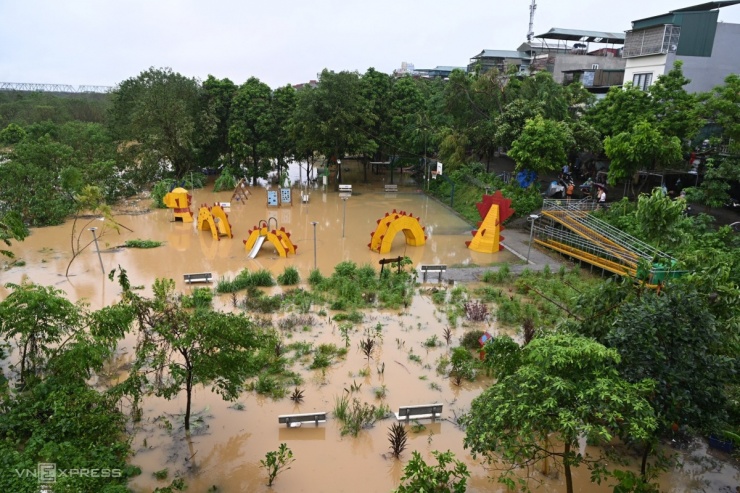 Tại bãi giữa sông Hồng, mực nước dâng tới ngọn cây, nhấn chìm công viên ngoài trời tại đây.