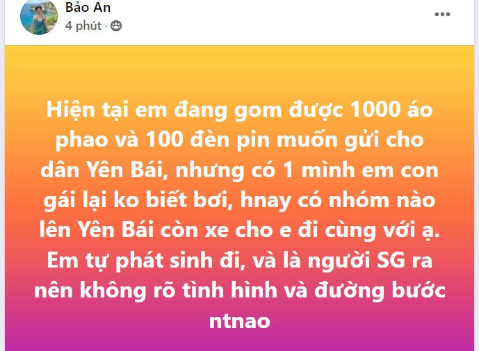 Người phụ nữ từ TPHCM ra Hà Nội, gom đồ giúp bà con vùng lụt, mong có người đi cùng. Ảnh: MXH