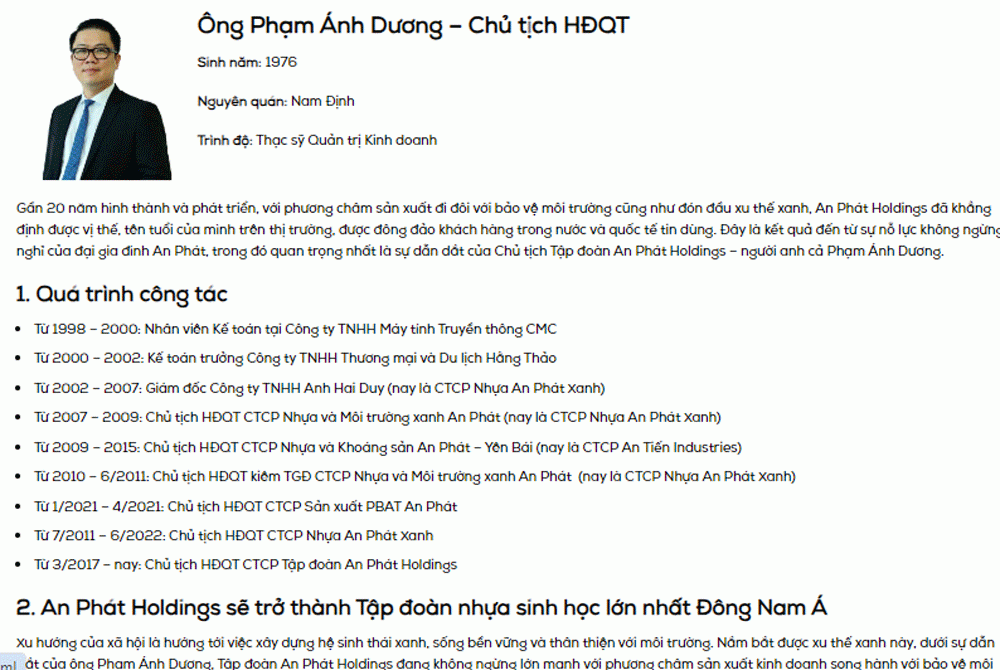 Chủ tịch An Phát Holdings Phạm Ánh Dương bất ngờ từ nhiệm sau khi bán hết vốn tại APH. Nguồn: APH