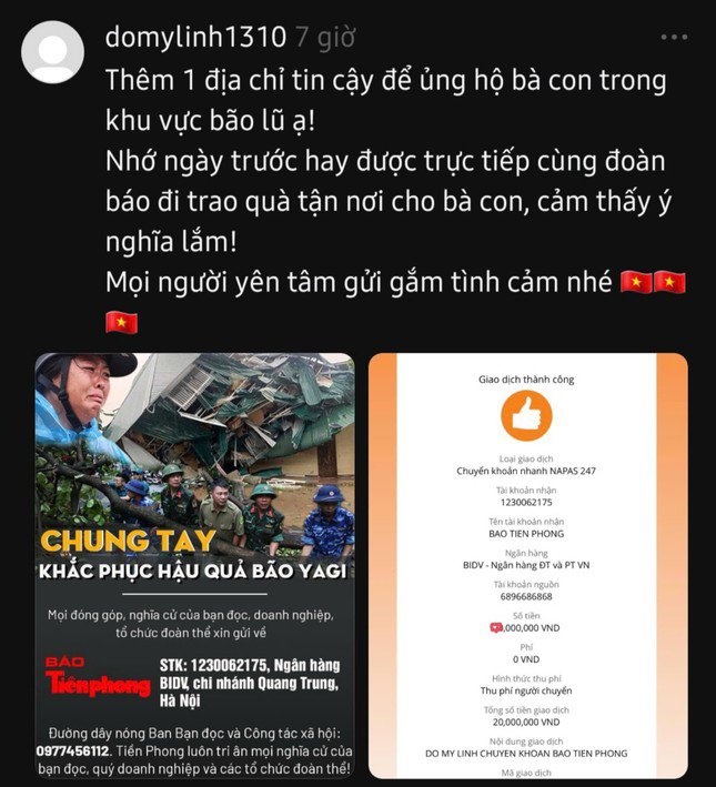 Hoa hậu Đỗ Mỹ Linh kêu gọi mọi người cùng chung tay hỗ trợ bà con khắc phục hậu quả do bão Yagi gây ra thông qua địa chỉ tin cậy: Báo Tiền Phong.