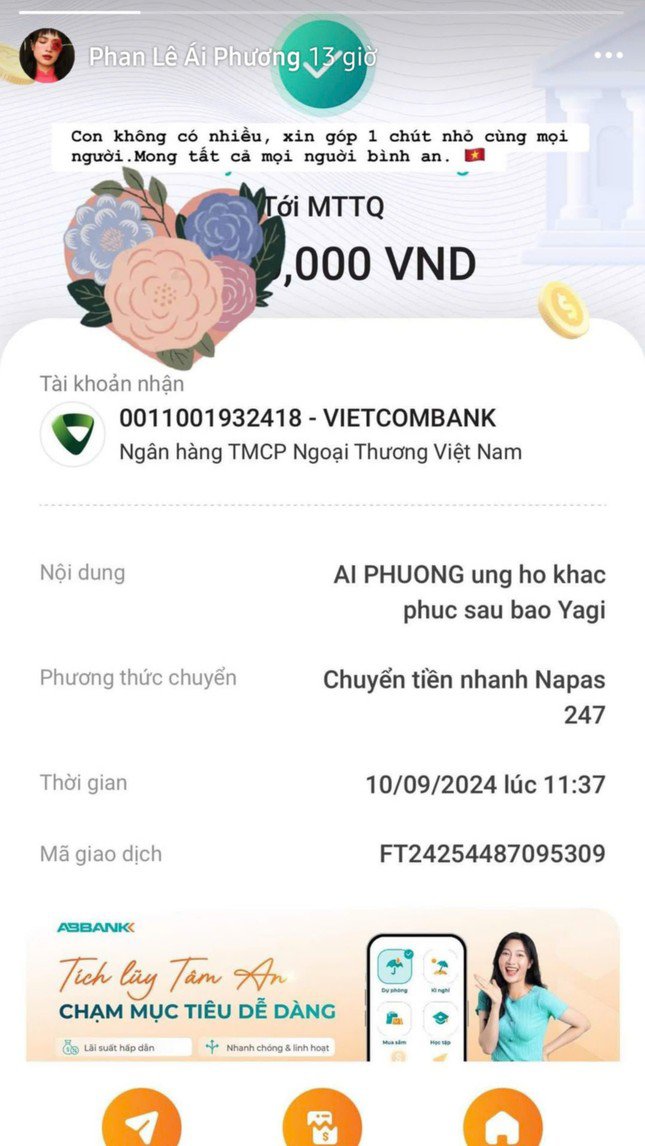 Ca sĩ Ái Phương ủng hộ miền Bắc khắc phục hậu quả do bão lũ gây ra.