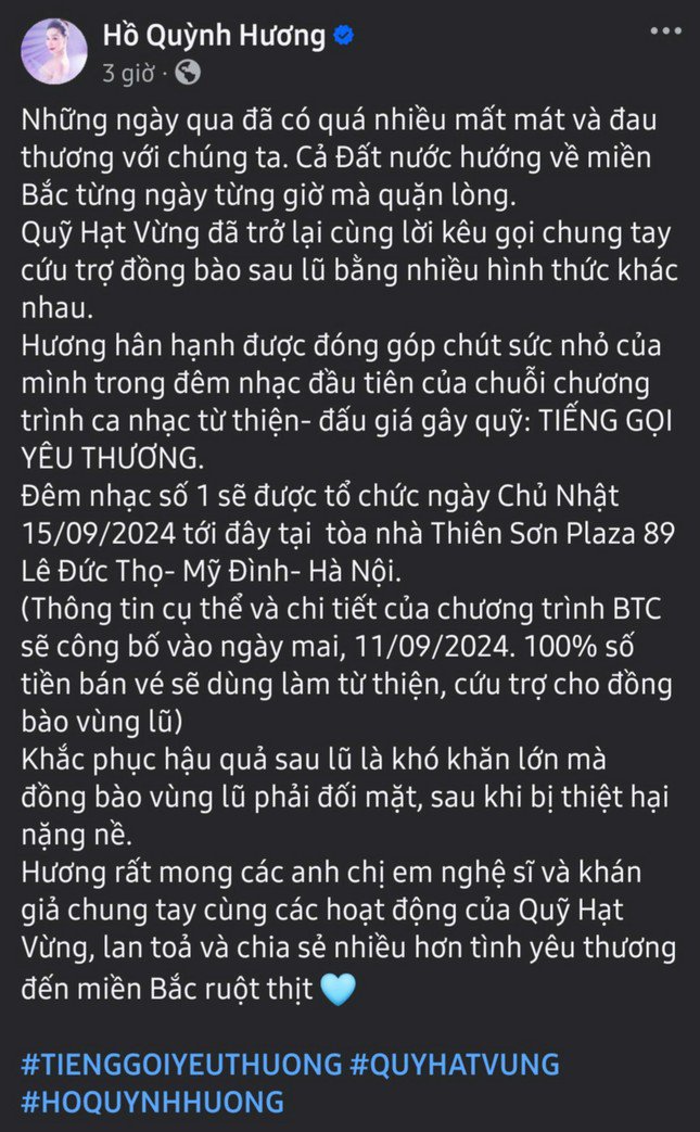 Ca sĩ Hồ Quỳnh Hương cho biết sẽ dùng 100% số tiền bán vé trong show nhạc sắp tới cứu trợ cho đồng bào vùng lũ.