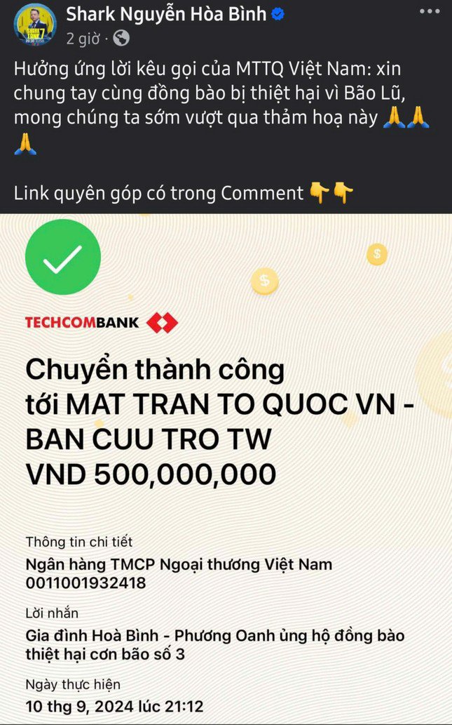 Gia đình diễn viên Phương Oanh - Shark Bình ủng hộ đồng bào miền Bắc 500 triệu đồng.