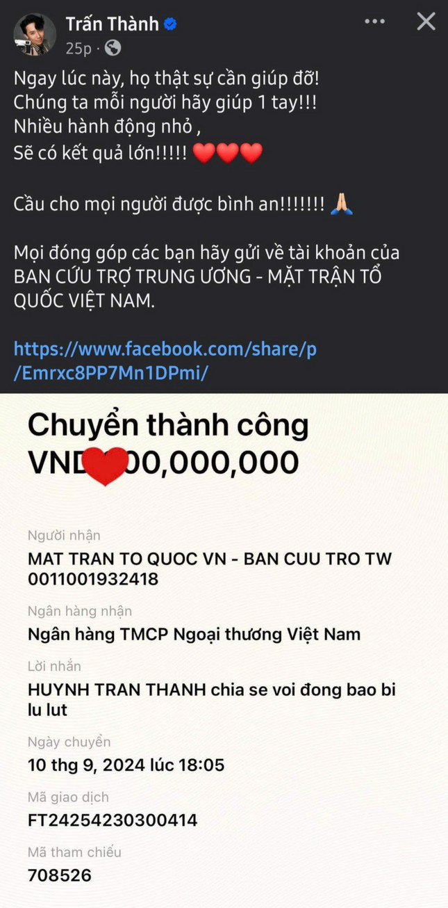 MC Trấn Thành kêu gọi mọi người cùng chung tay hỗ trợ cho miền Bắc.