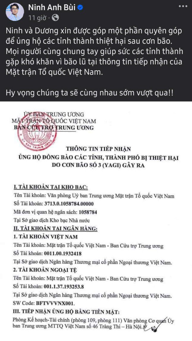 Cặp đôi Ninh Anh Bùi - Nguyễn Tùng Dương ủng hộ bà con và kêu gọi mọi người cùng đóng góp.