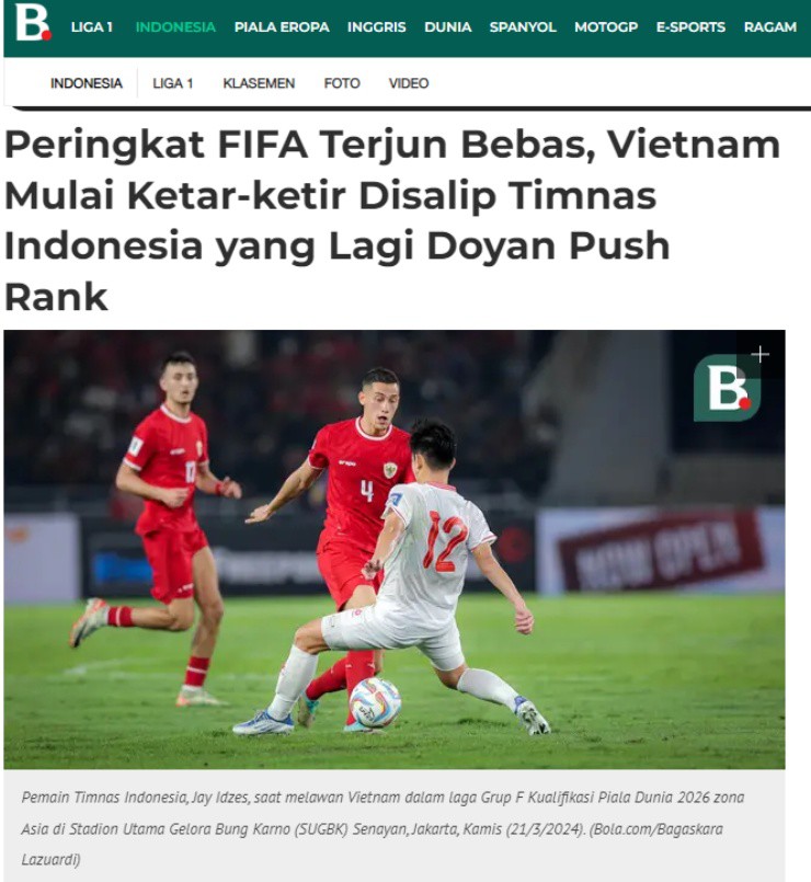 Báo Indonesia tin rằng đội nhà sẽ sớm vượt qua Việt Nam và chen chân vào top 100 FIFA