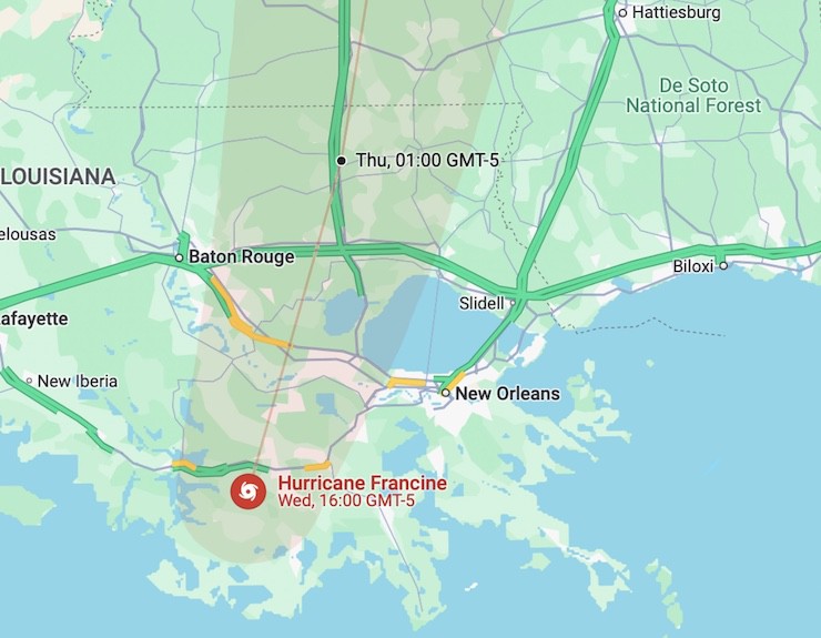 Bão&nbsp;Francine&nbsp;sau khi đổ bộ đất liền dự kiến sẽ quét qua thành phố New Orleans, thủ phủ bang Lousiana. Ảnh: Google Maps.