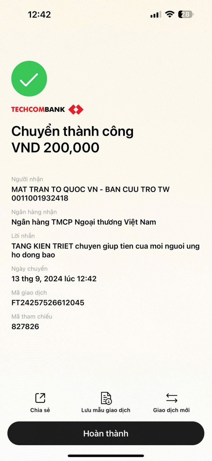 Triết cho biết, toàn bộ số tiền mọi người chuyển cho anh đã được tổng kết và chuyển lại cho MTTQ. Ảnh NVCC