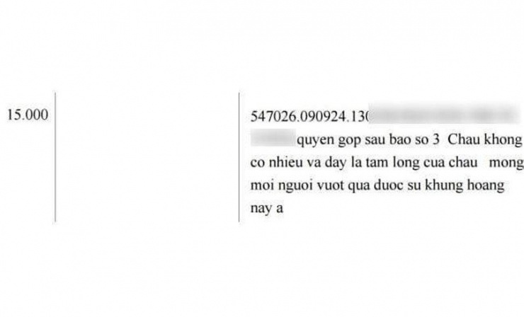 Lời nhắn của em học sinh khi chuyển 15 nghìn đồng ủng hộ đồng bào vùng bão lũ. Ảnh chụp màn hình