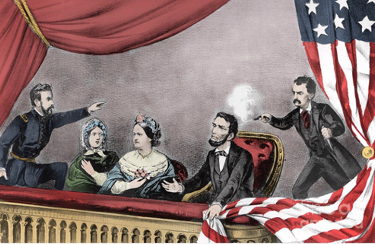 Tranh vẽ John Wilkes Booth (ngoài cùng bên phải) cầm súng bắn Tổng thống Mỹ Abraham Lincoln ở cự ly gần.&nbsp;