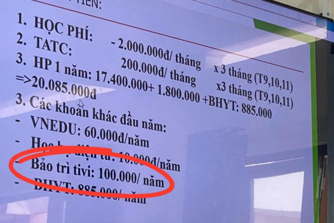 Các khoản thu mà trường Tiểu học - THCS - THPT Hồng Bàng, Đồng Nai, đưa ra cho phụ huynh. Ảnh: Thái Hà