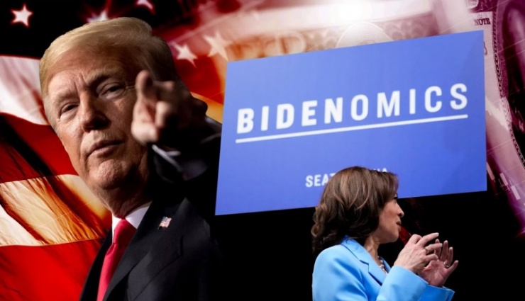 Ông Donald Trump chĩa mũi dùi vào việc bà Kamala Harris ủng hộ chính sách Bidenomics của Tổng thống Joe Biden, một chính sách mà ông cho rằng kém hiệu quả.&nbsp;Ảnh: Washington Examiner.