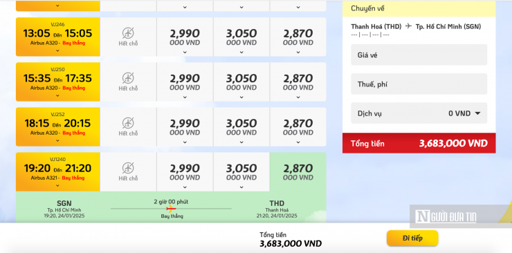 Mức giá vé ngày Tết mở bán đợt đầu dao động từ 2,8 - 3 triệu đồng/chặng chưa thuế phí (ảnh chụp màn hình).