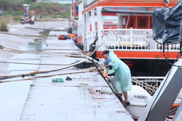 Đến chiều tối, nhân viên của các du thuyền vẫn tất bật hoàn thành công tác cố định tàu cũng như sắp xếp, chèn chống để bảo vệ tài sản trên tàu.