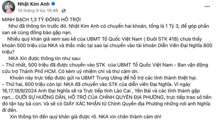 Nhật Kim Anh đã chi 1,3 tỉ đồng ủng hộ người dân miền Bắc bị ảnh hưởng bão lũ - Ảnh: NVCC.