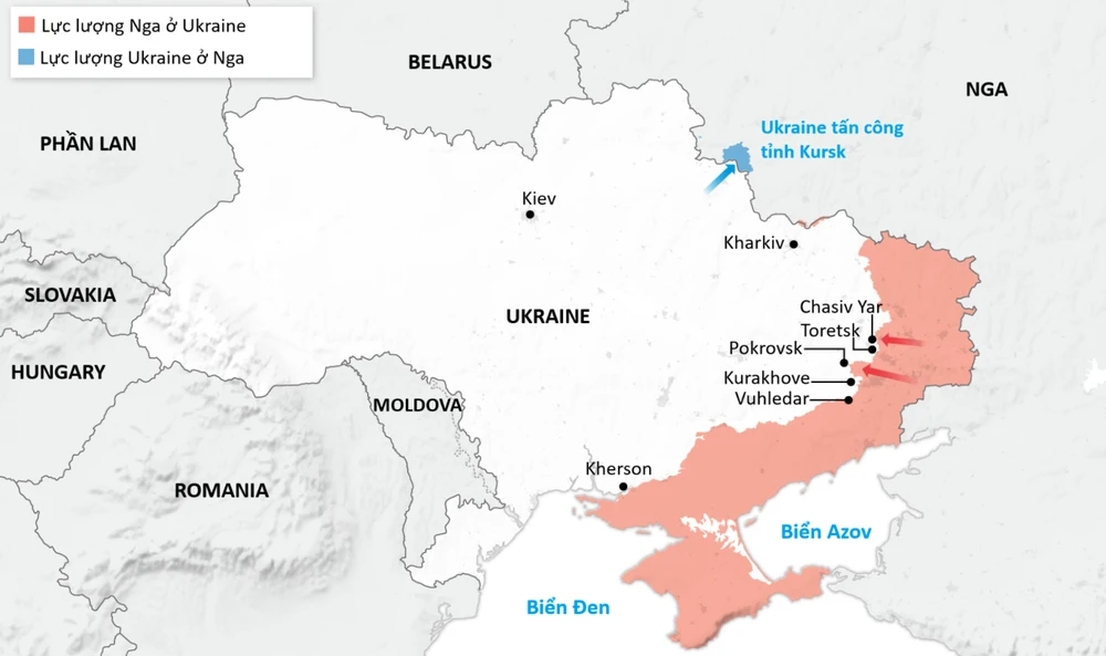 Nga gây áp lực ở miền đông Ukraine với mong muốn giành trọn vùng Donbass (gồm tỉnh Luhansk, Donetsk), trong khi đó Ukraine tấn công tỉnh Kursk (Nga) để tạo vùng đệm. Ảnh: WSJ. Việt hóa: ĐỨC HIỀN