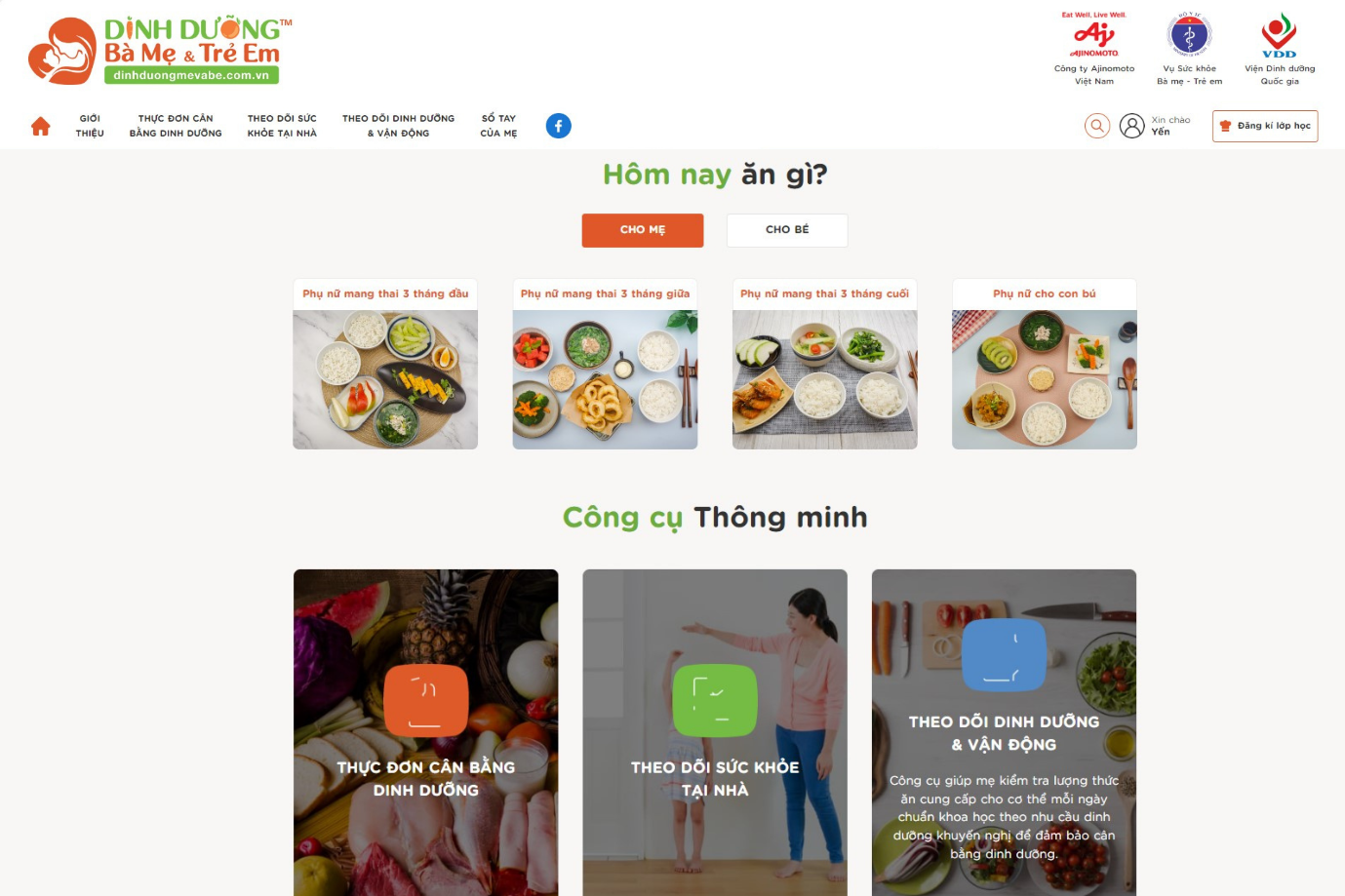 Giao diện phần mềm thực đơn cân bằng dinh dưỡng tại địa chỉ website www.dinhduongmevabe.com.vn