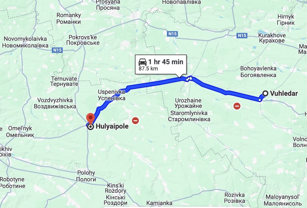 Thành phố Huliaipole nằm gần ranh giới vùng Donetsk, cách điểm nóng giao tranh Vuhledar khoảng 87km về phía đông. Ảnh: Google Maps.