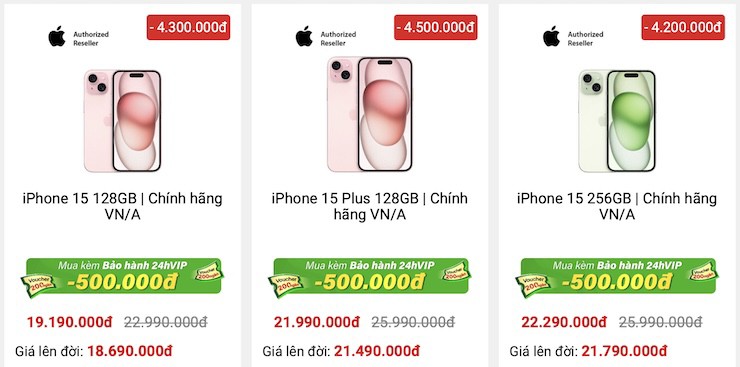 Giá một số mẫu iPhone 15 đang có giá tốt tại 24hStore. (Ảnh chụp màn hình)