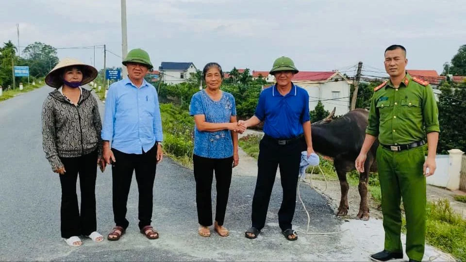 Gia đình ông Nguyễn Bằng Giang nhận lại con trâu bị lũ cuốn trôi. Ảnh CA