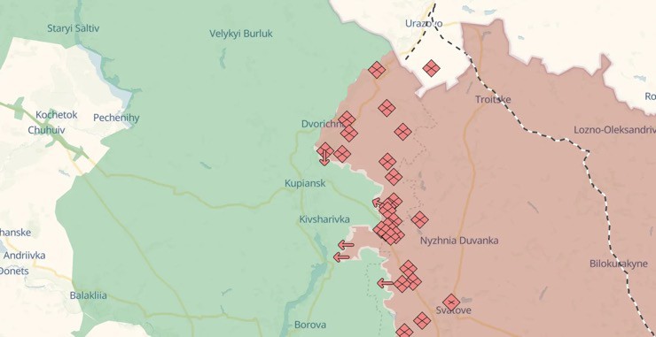 Bản đồ cho thấy hướng tiến công của Nga ở mặt trận Kupiansk, vùng Kharkiv. Ảnh: DeepState.