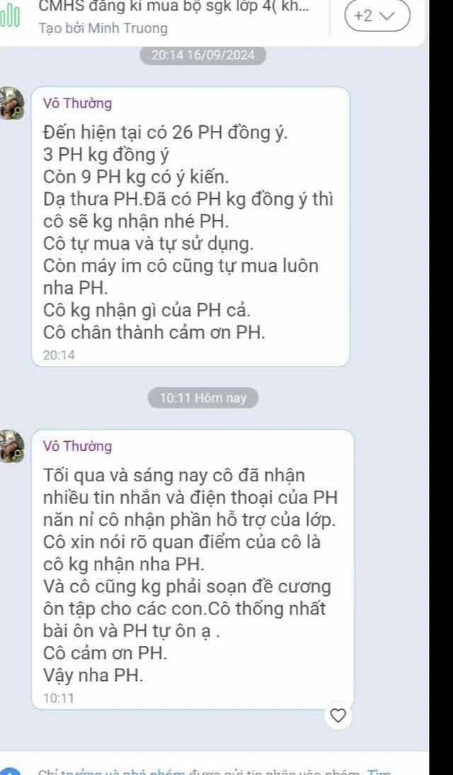 Tin nhắn cô giáo Trường Tiểu học Chương Dương, quận 1 nhắn cho phụ huynh. Ảnh: CHỤP MÀN HÌNH