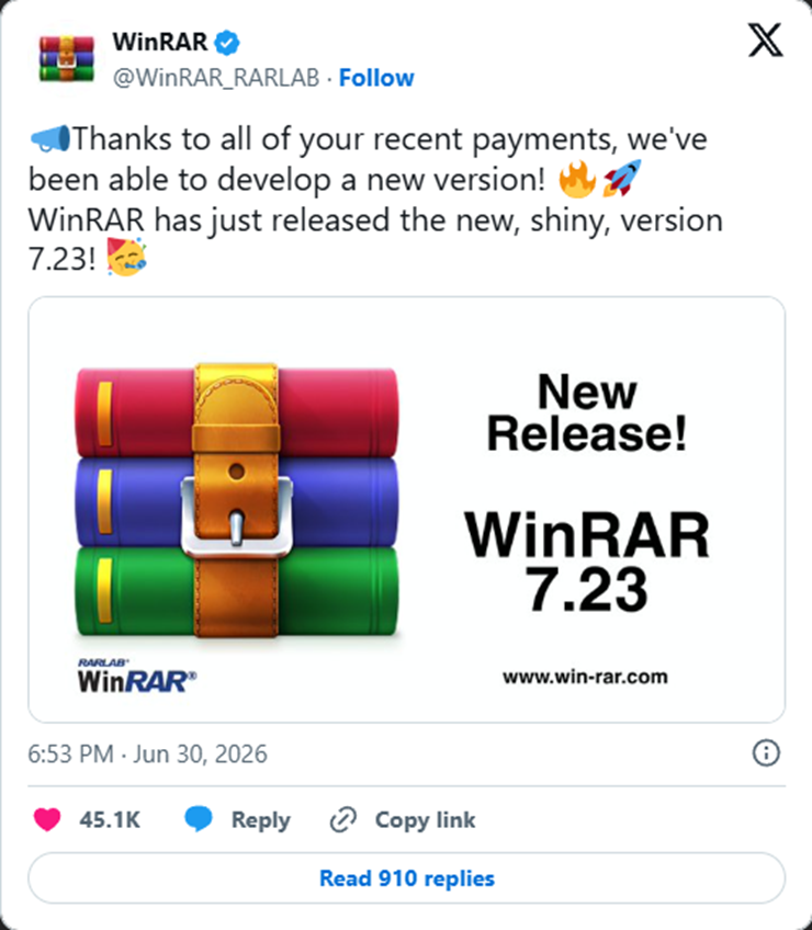 Bài đăng của WinRAR thông báo phiên bản mới một cách đầy hài hước.